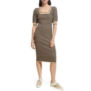 Scotch & Soda Striped Square Neck Midi Dress Ribbed Knit Puff Sleeve